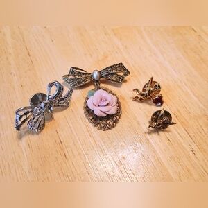 Bundle of 4 Vintage Lapel Pins / Brooches —1928 Porcelain Rose, Cherubs, & More!